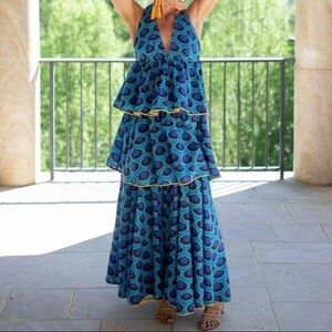 RHODE NWT Leela Dress Blue Ikat Print Chanderi Tiered‎ Tie Neck Midi Dress- M